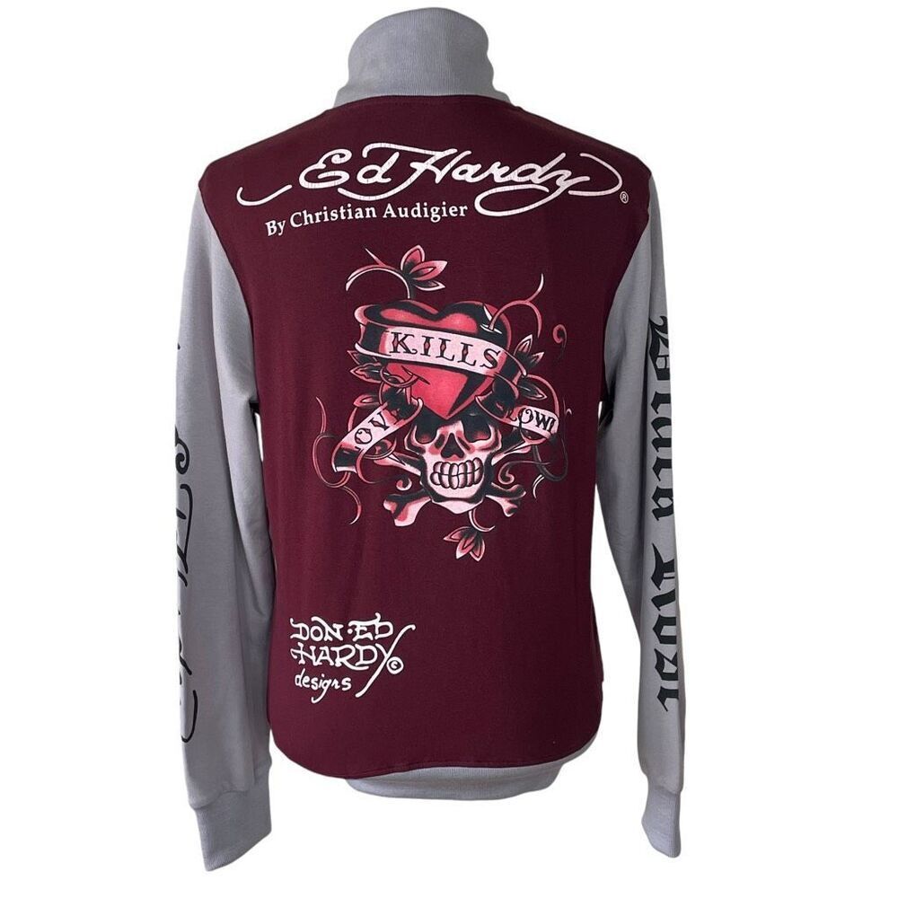 Ed Hardy Love Kills Zip Up Maroon Size XL